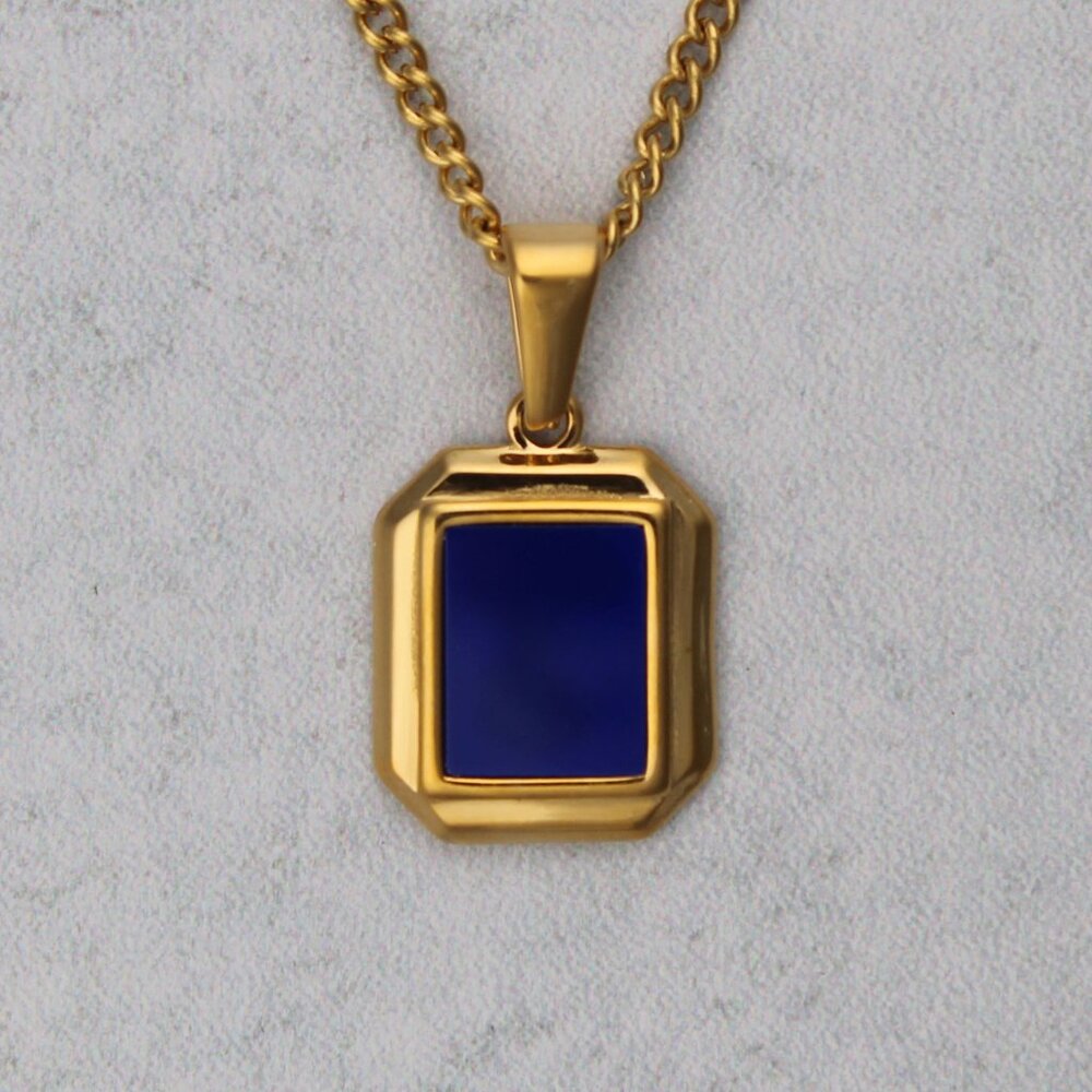 Gold Blue Enamel Pendant Necklace
